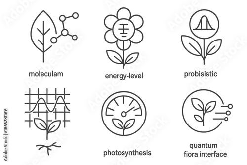 Plant Quantum Trackers. Line style icons of plant quantum state trackers: molecular leaf sensor, energy-level flower diagram,