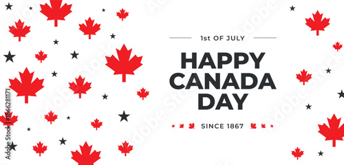 Happy Canada Day illustration background banner header with red maple leaves and stars. Template Victory day. 1st of July national holiday design. Greeting card poster geometrical decoration, covering