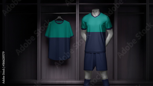 A soccer player in green and blue uniform standing in a locker room with matching clothes hanging on a hook