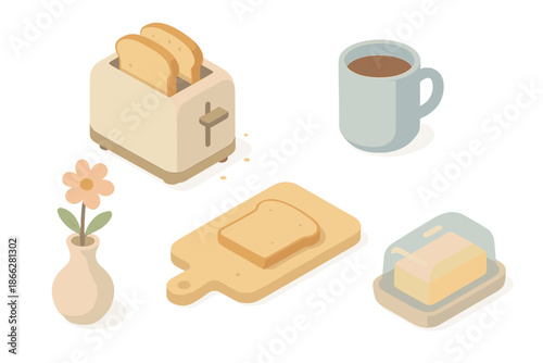 Morning Bread Ritual. Isometric vector illustration set Morning Bread Ritual: toaster with slices, coffee mug, cutting board,