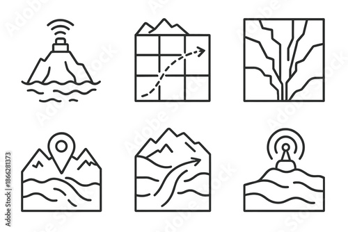 Glacial Movement Icons. Line style icons of glacial movement trackers: ice flow sensor, glacier trajectory grid, crevasse mapping