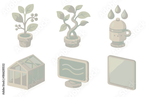 Postnatural Greenhouse Scene. Isometric vector illustration set Postnatural Greenhouse: engineered plants, metallic vines, vapor