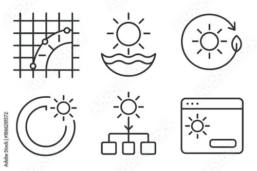 Natural Workflow Icons. Line style icons of natural workflow indicators: daylight path grid, reflective clarity marker, rhythm of