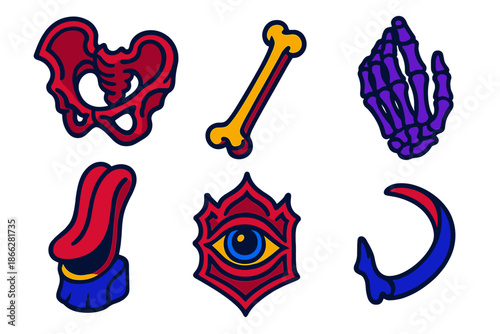 Gothic Anatomy Icons. Isometric vector illustration set Gothic Script Anatomy: gothic pelvis, femur bone, gothic hand skeleton,