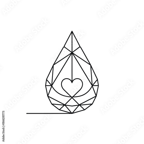Elegant continuous line art depicts a minimalist geometric crystal teardrop with a delicate heart symbol nestled inside, embodying love and purity.