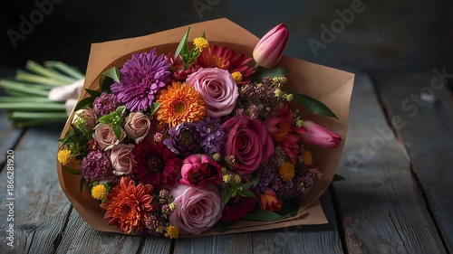 Beautiful flower bouquet with various blooms arranged on a wooden table in a simple setting