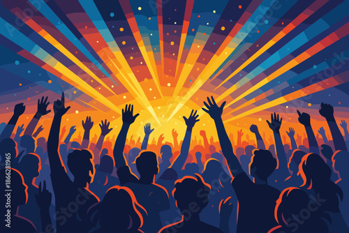 Vibrant Concert Crowd. Modern concert crowd raising hands under vibrant stage lights, energetic and dynamic atmosphere, vector