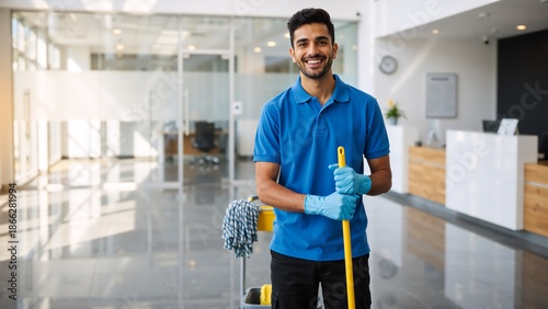 Portrait of a smiling male cleaner in a modern office lobby. Professional janitor with a mop and cart providing commercial cleaning services. Copy space