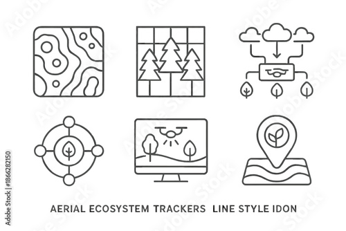 Aerial Ecosystem Trackers. Line style icons of aerial ecosystem trackers: bird’s-eye vegetation map, forest layer monitoring grid,