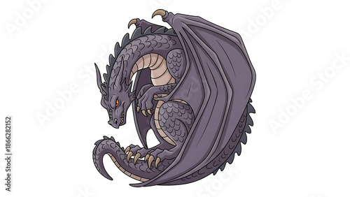 Fotografia A large purple dragon with wings curled up in a defensive position