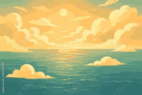 Golden Clouds Over Ocean. Aerial shot of a sea vector illustration of clouds glowing under soft golden sunlight, tranquil and