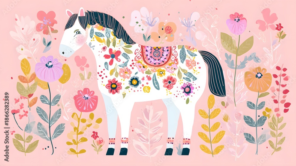 Fototapeta premium Floral Horse Illustration in Folk Art Style and Floral Elements. Scandinavian Horse Illustration. Cute Pony in Spring Flowers and Botanical Elements.