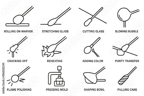 Glass Shaping Icons. Line style icons of glass shaping techniques: rolling on marver, stretching glass, cutting glass, blowing