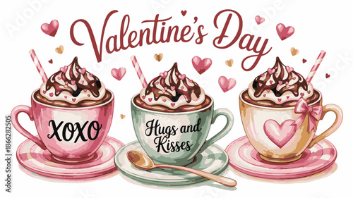 Valentine's Day Hot Chocolate Cups with Whipped Cream and Hearts cocoa coffee