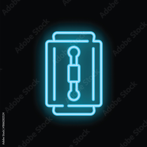 Neon blue razor blade glowing on a black background