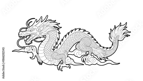 Black line illustration of a Chinese dragon symbolizing luck, power, and prosperity for Lunar New Year. Perfect for holiday designs, zodiac themes, decorations, prints, posters, and festive branding.