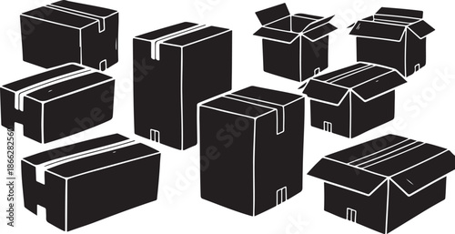 Black cardboard boxes in various states of opening and closing