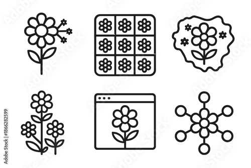 Century Floral Icons. Line style icons of century flower compositions: century-themed floral chart, decade bloom grid, historical