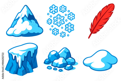 Avalanche Elements Icons. Isometric vector illustration set Avalanche Feather: snow-covered mountain peak, cascading snowflakes,