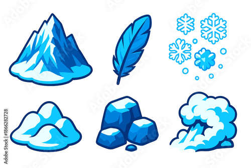Avalanche Elements Icons. Isometric vector illustration set Avalanche Feather: icy mountain ridge, delicate feather, falling