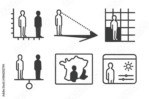Shadow Icon Diagrams. Line style icons of shadow proportion calculators: silhouette size chart, shadow-length ratio diagram, dark
