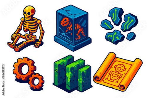 Fossilized Future Artifacts. Isometric vector illustration set Fossilized Future Artifact: metallic robot skeleton, cracked glass
