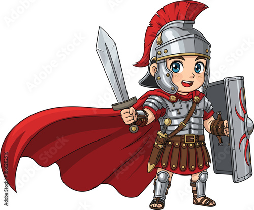 Cartoon Roman soldier, red cape, silver helmet, shield, sword, historical armor, cheerful pose, ancient warrior, flat vector illustration