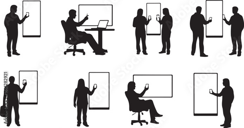 Silhouettes of business people in various office settings and poses