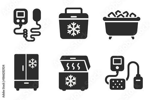Chill Medical Icons. Solid style icons of extreme chill medical equipment: defibrillator, medical cooler, ice bath, refrigerated