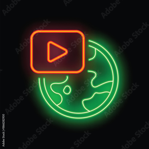 Neon sign depicting a video player icon orbiting a green earth, symbolizing global streaming content