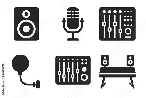 Virtual Studio Icons. Solid style icons of virtual studio equipment: monitor speaker, recording mic, audio mixer, control surface,