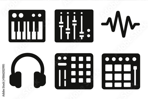 3D Music Tools Icons. Solid style icons of 3D music design tools: synthesizer, mixer, waveform, soundboard, headphones, MIDI