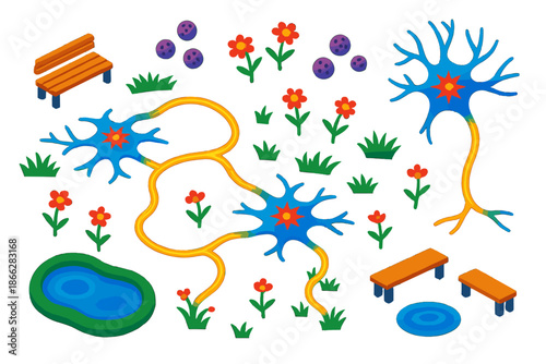 Neuron Garden Pathway. Isometric vector illustration set Neurological Garden Pathway: neuron-inspired garden path, glowing axon