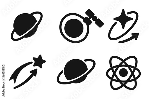 Planetary Orbit Icons. Solid style icons of planetary orbit weaving patterns: planet, orbit line, satellite, star, trajectory