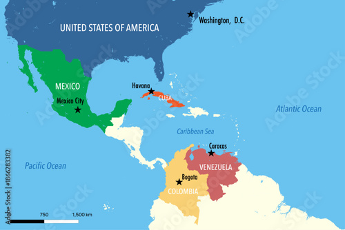 United States Map with Venezuela, Mexico, Cuba and Colombia Highlighting Geopolitical Relations