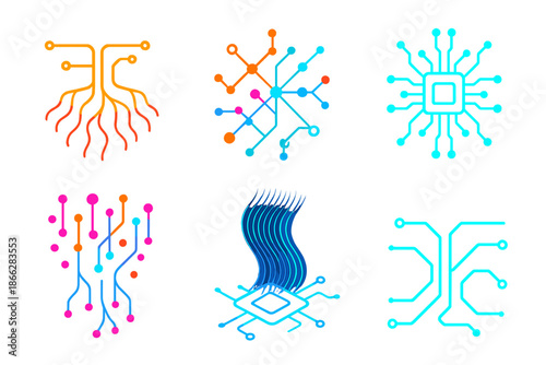 Neon Circuitry Network. Isometric vector illustration set Circuitry Root System: glowing wiring roots, neon node networks,