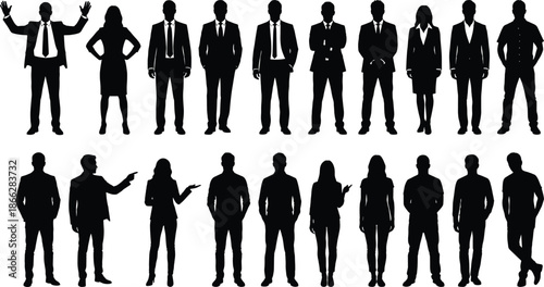 Business people silhouettes, professional men women standing, corporate team collection, leadership diversity, office workers poses, human resources concept, for modern company branding, design use