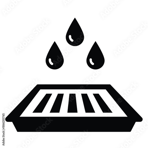 Vector illustration icon black silhouette of a grill with three raindrops falling on it isolated on