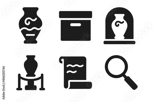 Cultural Heritage Icons. Solid style icons of cultural heritage preservation: artifact, archival box, protective cover, museum