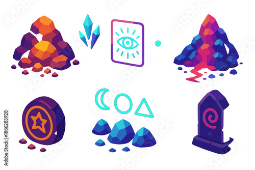 Luminous Oracle Icons. Isometric vector illustration set Talus Scree Oracle: glowing rock piles, neon crystal shards, floating