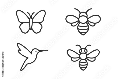 Pollinators Line Icons. Line style icons of Pollinators: gentle flyer, soft wing arc, nectar seeker form, hovering silhouette,