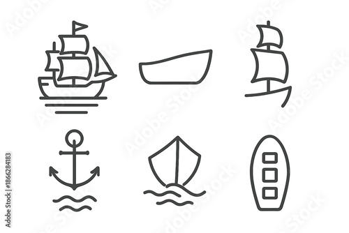 Ship Line Icons. Line style icons of Ship: sailing ship, ship hull, mast with sails, anchor-ready bow, wave-cutting keel, simple