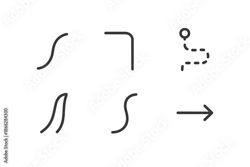 Pathway Line Icons. Line style icons of Pathways: gentle bend, soft turn, plotted line, narrow route, flowing curve, simple