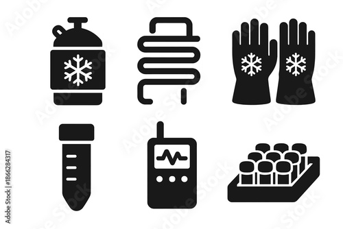 Cryo Lab Instruments Icons. Solid style icons of cryogenic laboratory instruments: nitrogen tank, cooling coil, frost gloves,