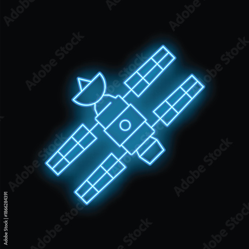 Neon blue space station with solar panels orbiting the earth