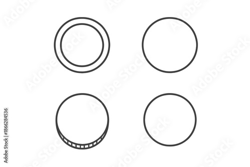 Line Coin Icons. Line style icons of Coin: round coin, thin rim, small token, simple disc, minimal mint edge, soft circle. No text