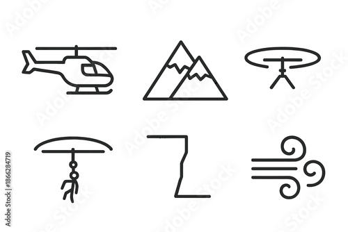 Helicopter Mountain Rescue Icons. Line style icons of Helicopter Mountain Rescue: helicopter silhouette, mountain peaks, rescue