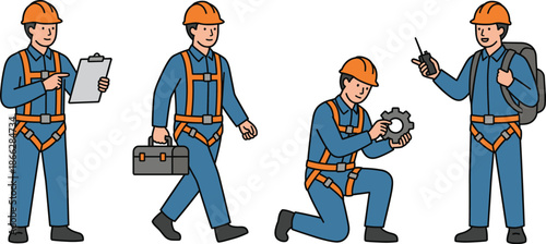 Cartoon construction workers in safety gear performing tasks with clipboard, toolbox, gear, and walkie‑talkie