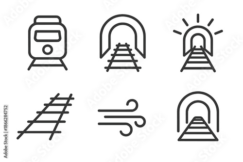 Track Passage Icons. Line style icons of Lighted Track Passage: engine shape, hollow tunnel, forward glow, track pattern, breeze