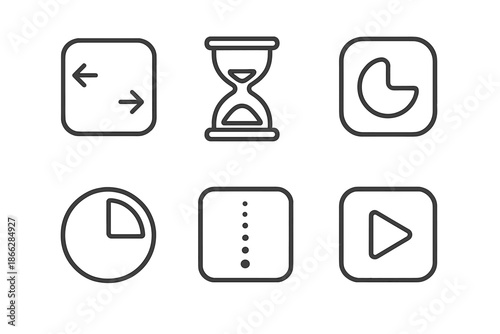 Temporary Story Icons. Line vector icons of temporary digital stories: shrinking frame, hourglass outline, dimming thumbnail, time